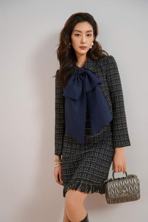 Sixdo Navy Tweed Mini Dress